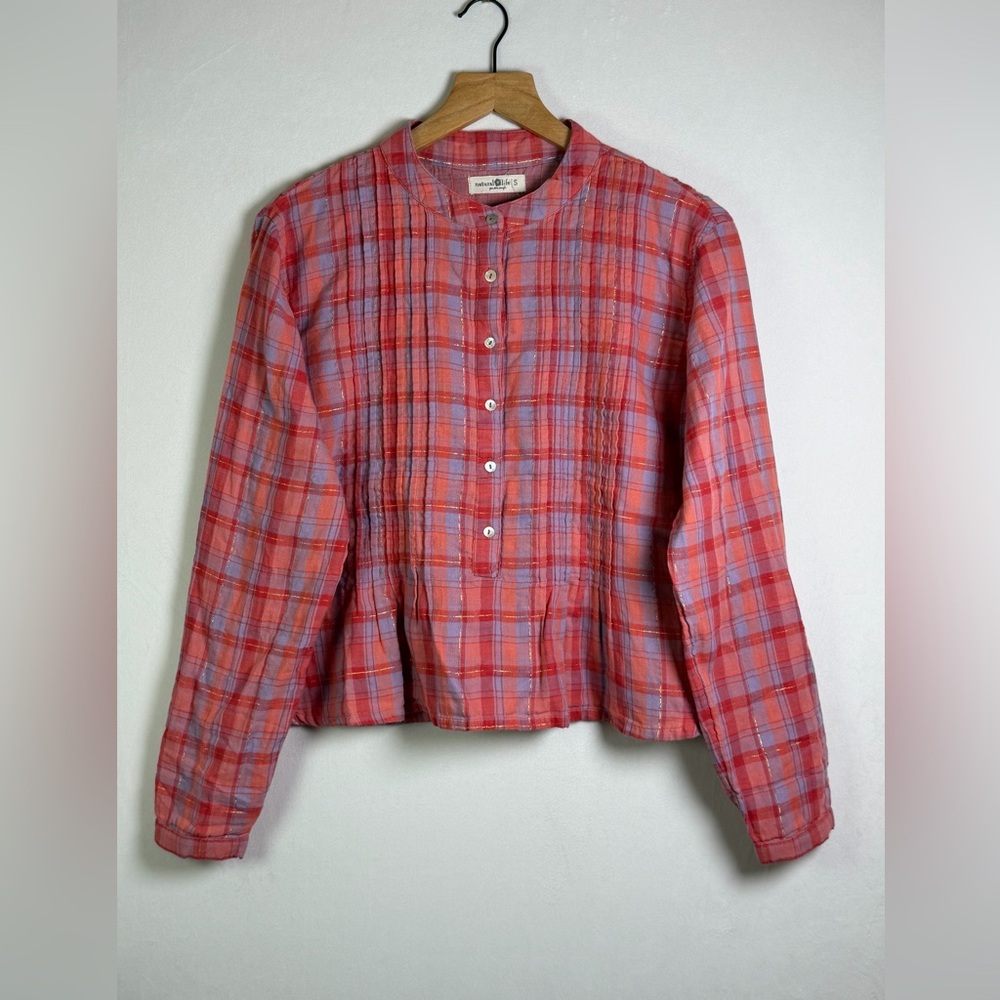 Natural Life Women’s Plaid Cotton Blouse Boho Cottage Red Pink Peasant Top Sz S